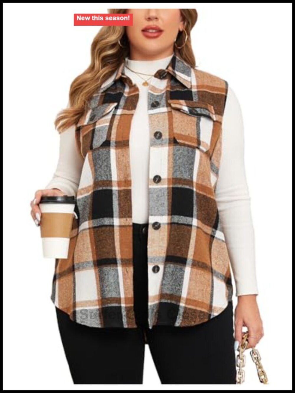 Plus Size Flannel Plaid Long Vest Button Down Sleeveless Shacket Coat